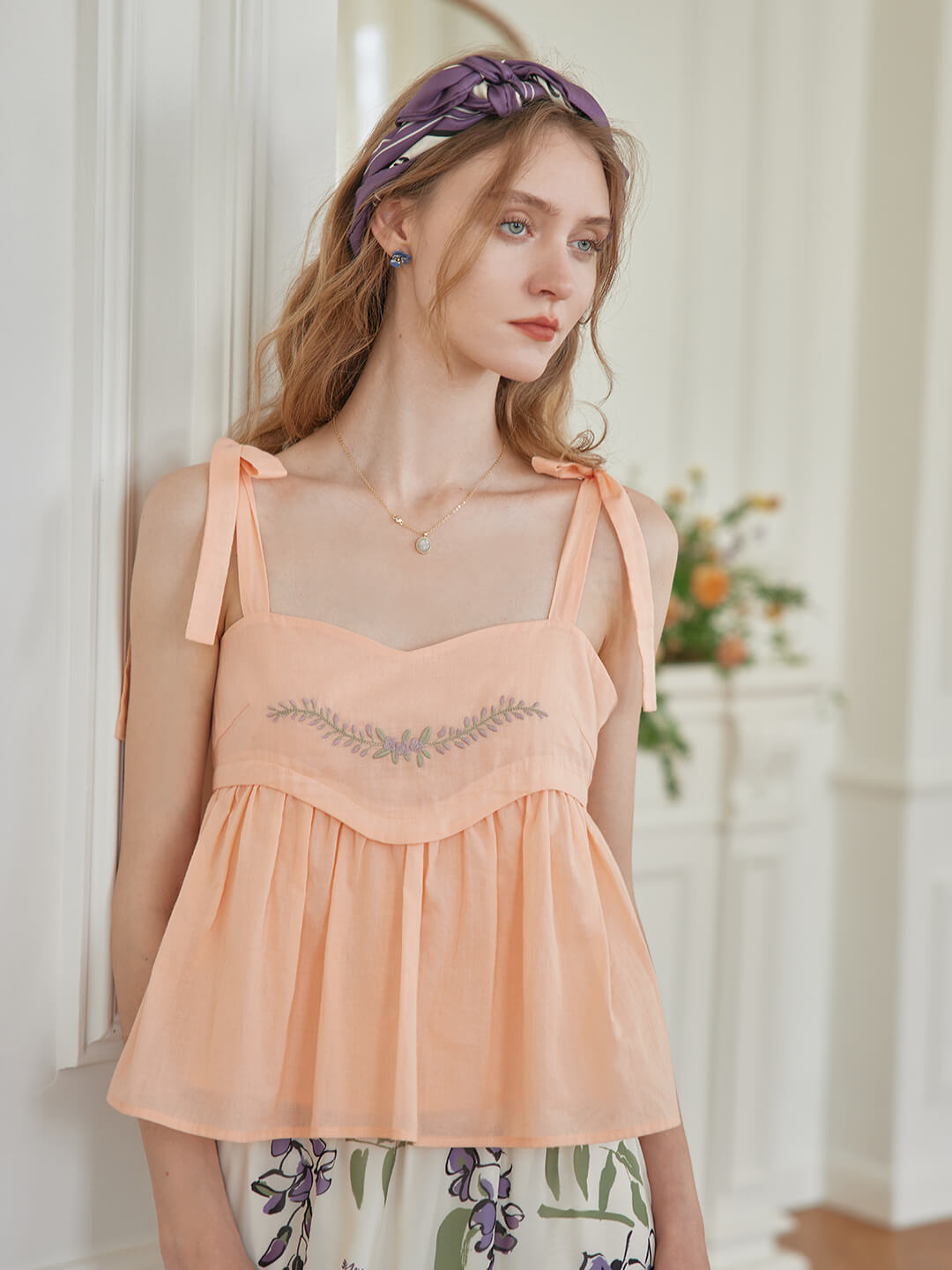 【Final Sale】Lucy Embroidered Orange Lace-up Tank Top