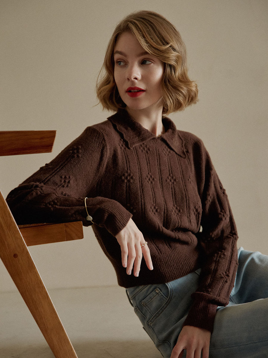 Jasmine Cable Polo Brown Knit Sweater – Simple Retro