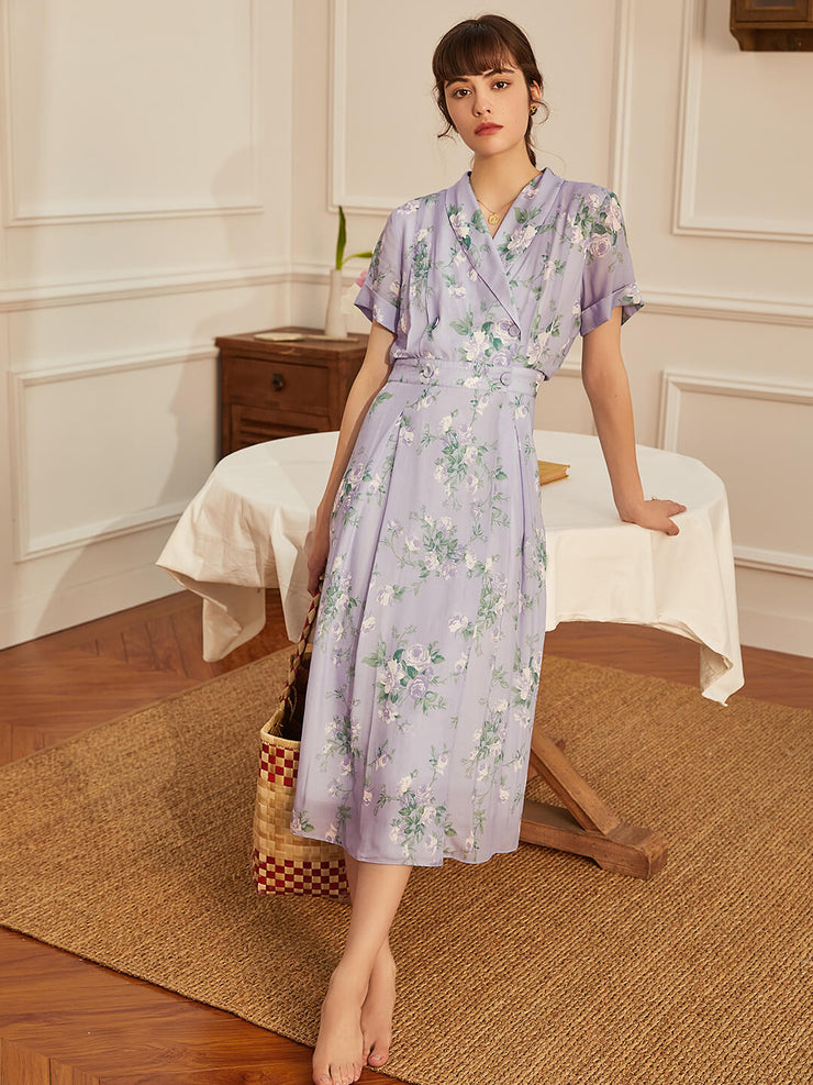 Alice V-Neck Purple Floral Dress – Simple Retro