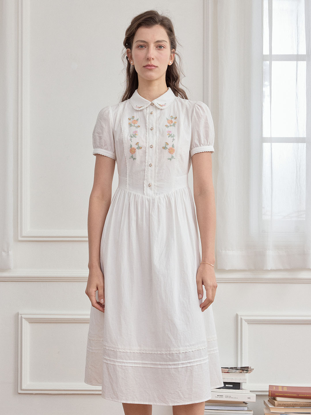 【Final Sale】Maryam Floral Embroidery Puff Sleeve Button Front Shirt Dress