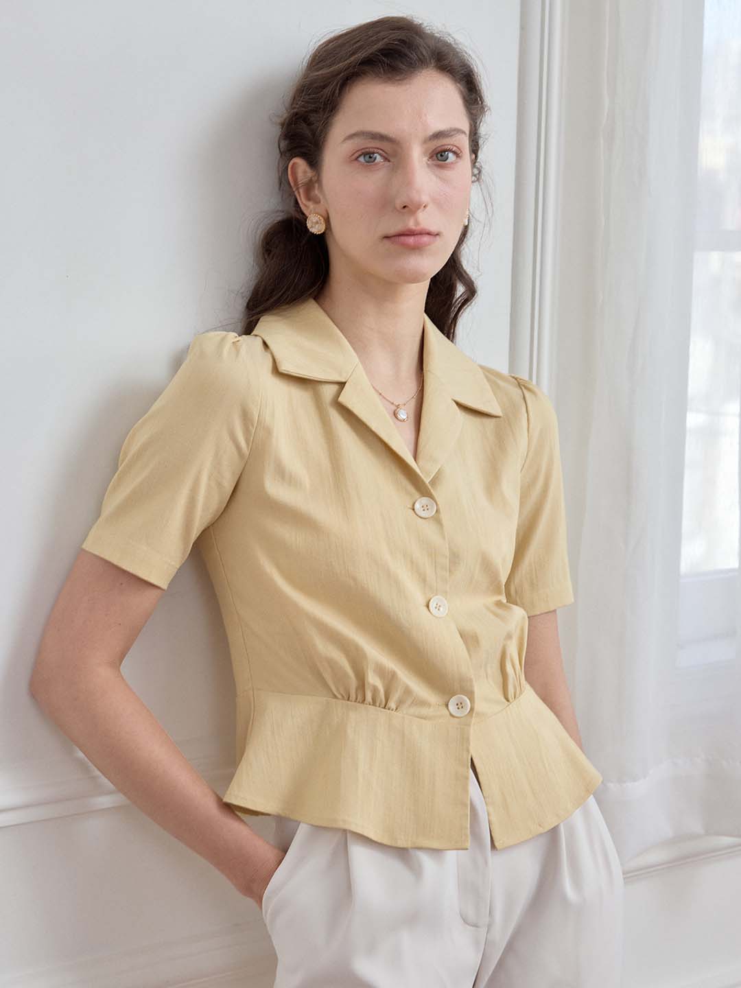 Helena Lapel Yellow Short Sleeve Blouse