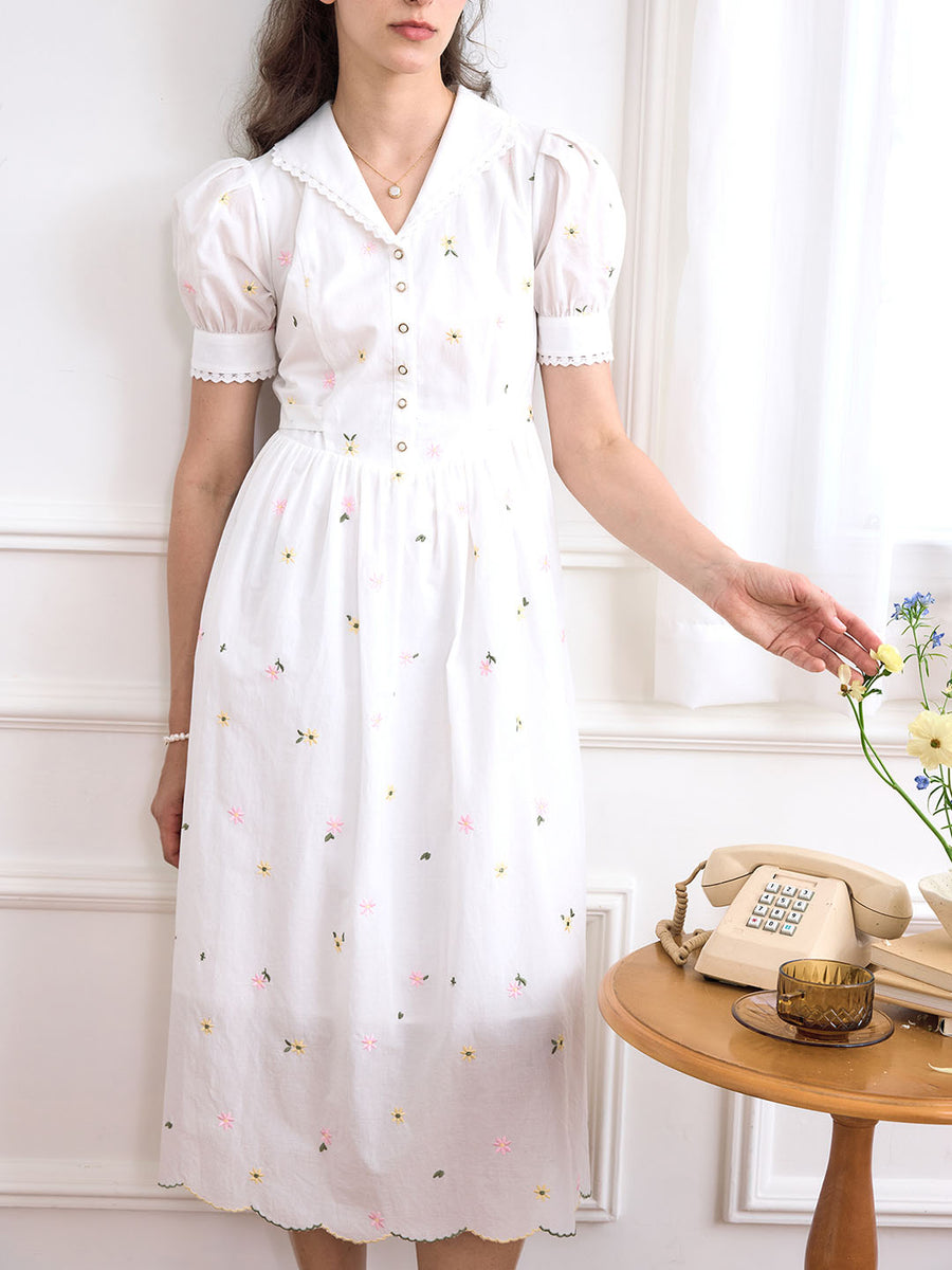 Mariam V Neck Daisy Embroidered Dress – Simple Retro