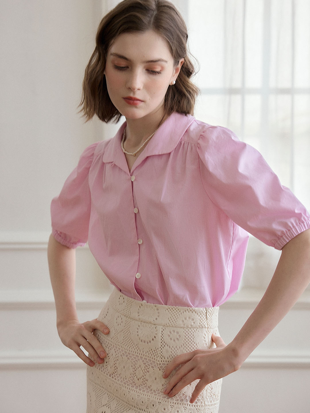 Kendra Sweet Small Lapel Pink Blouse