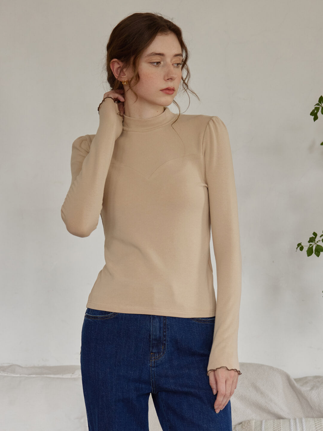 Jelena High Collar Khaki Knit Top