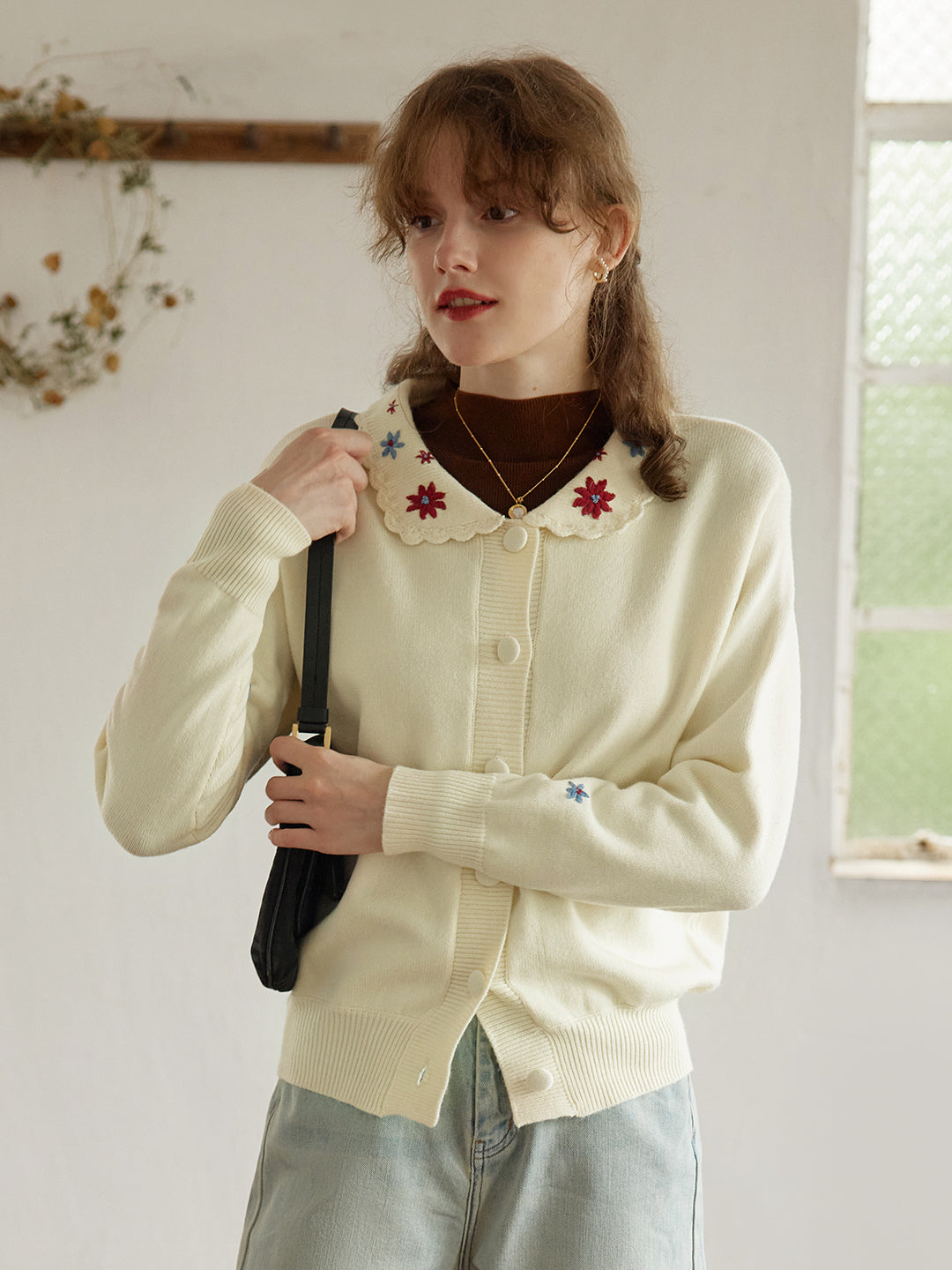 【Final Sale】Grace Floral Embroidered Apricot Knit Cardigan