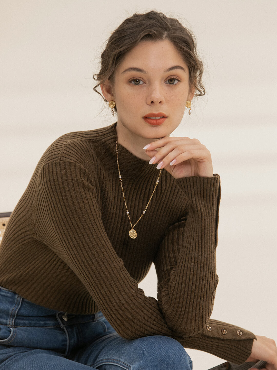 Stella Mock Turtleneck Brown Bottoming Top