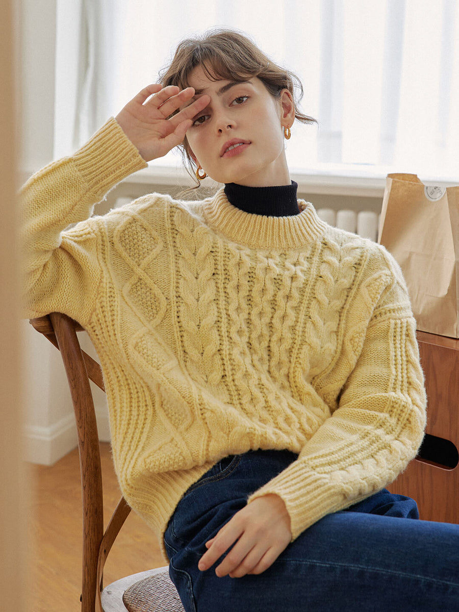 Raina Cable Yellow Irish Knit Wool Sweater – Simple Retro