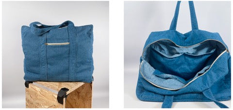 Voyage travel bag pattern : our largest size, in a washed out denim and a striped chambray lining