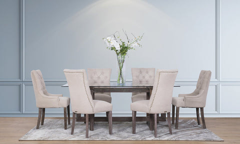 dining table and studded chairs