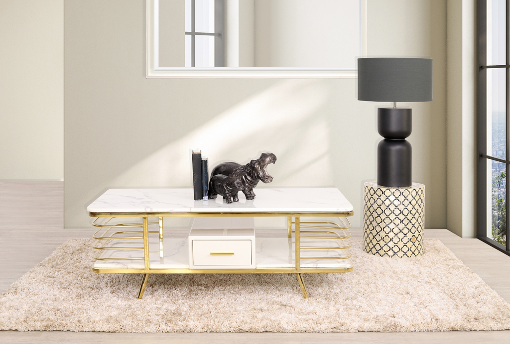 Leather Gallery Alba Coffee Table - White Marble Look Top with Gold Base & Centre Drawer