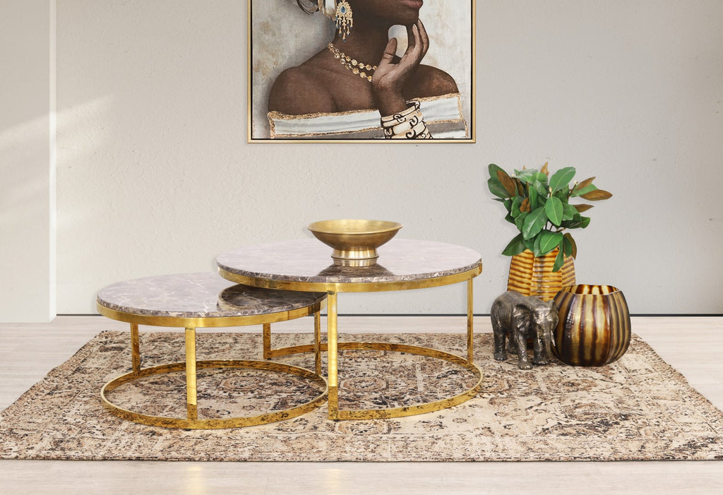 Leather Gallery Waldorf Brown Marble Look Top Coffee Table with Gold Stainless Steel Base