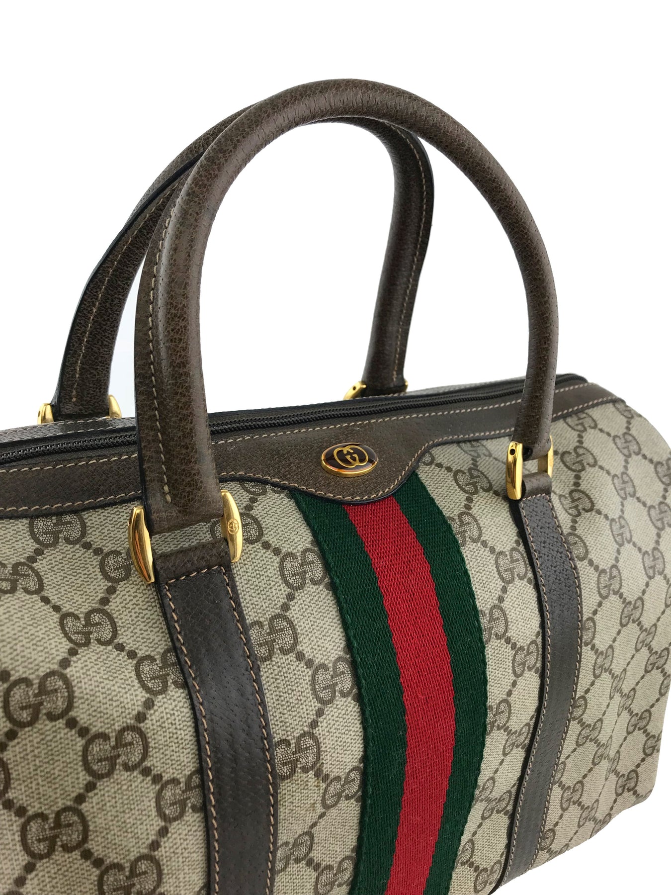 Gucci Monogram Boston Web Medium Satchel Bag - Consigned Designs