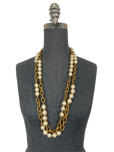 AUTHENTIC Classic Chanel Silver CC Pearl Embellished Necklace Long