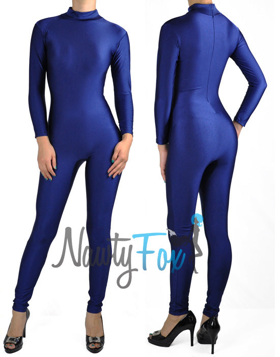 Shiny Spandex Navy Blue Mock Neck Long Sleeve Unitard Bodysuit Costume ...