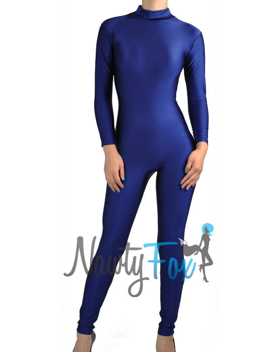 Shiny Spandex Navy Blue Mock Neck Long Sleeve Unitard Bodysuit Costume ...