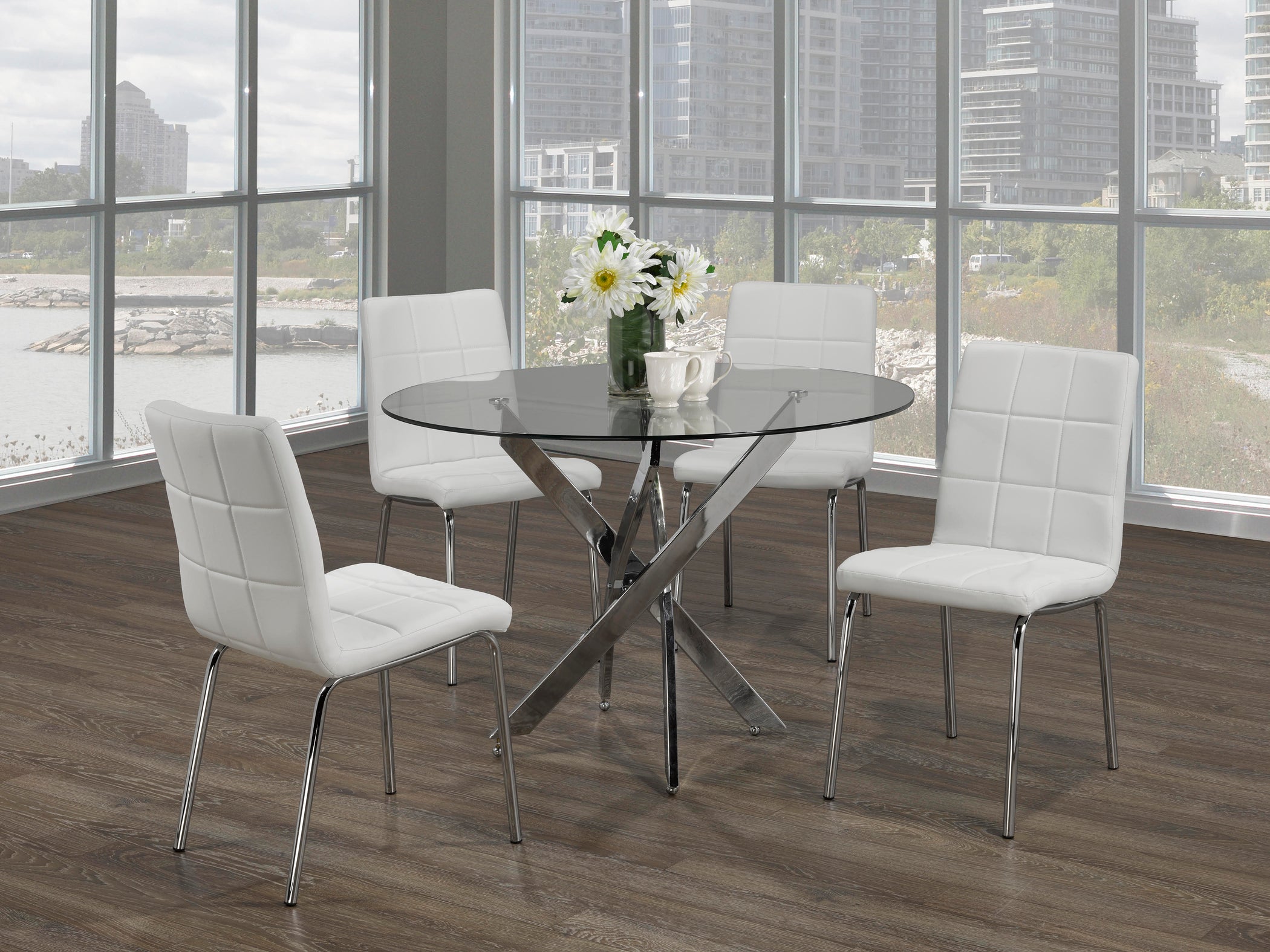 5Pc Dining Set - Round Glass Table with Chrome Legs T-1447 | C-1761