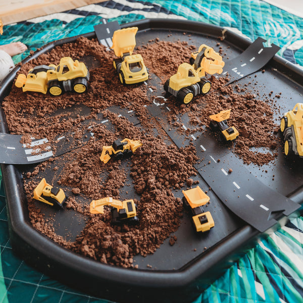 Cloud dirt sensory play on tuff tray with construction toys