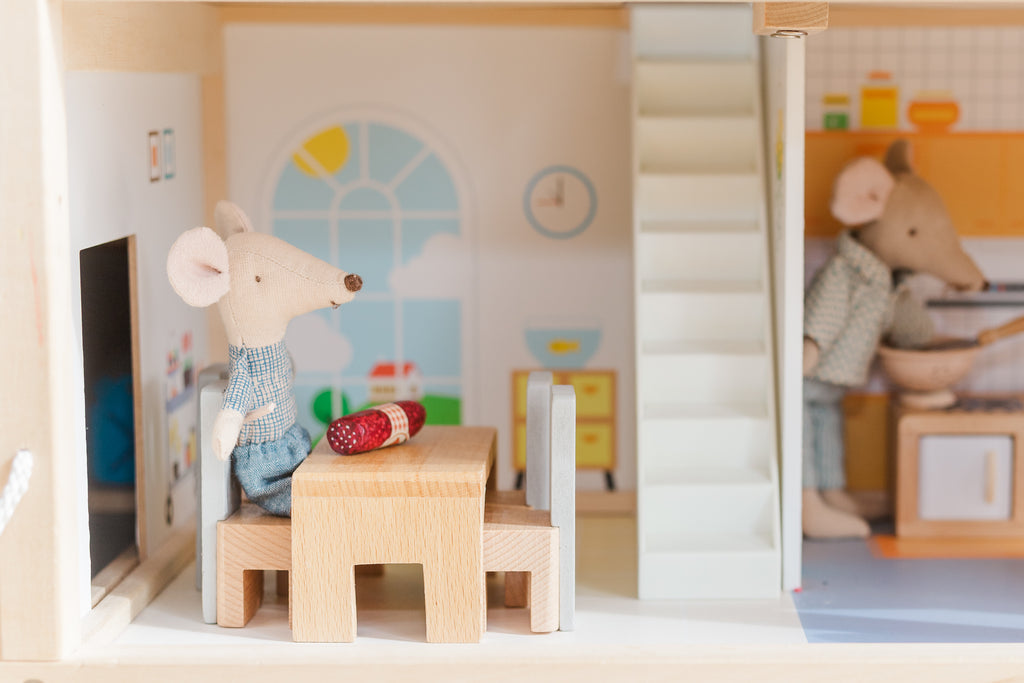 Maileg mouse with high quality furniture in a doll house