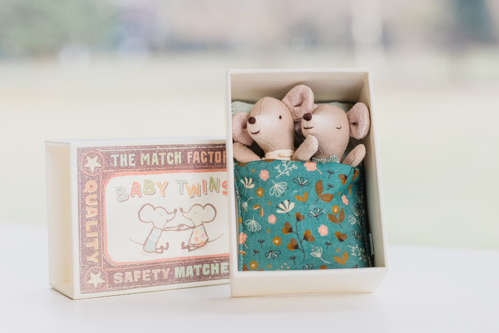 Maileg mouse twins in matchbox bed