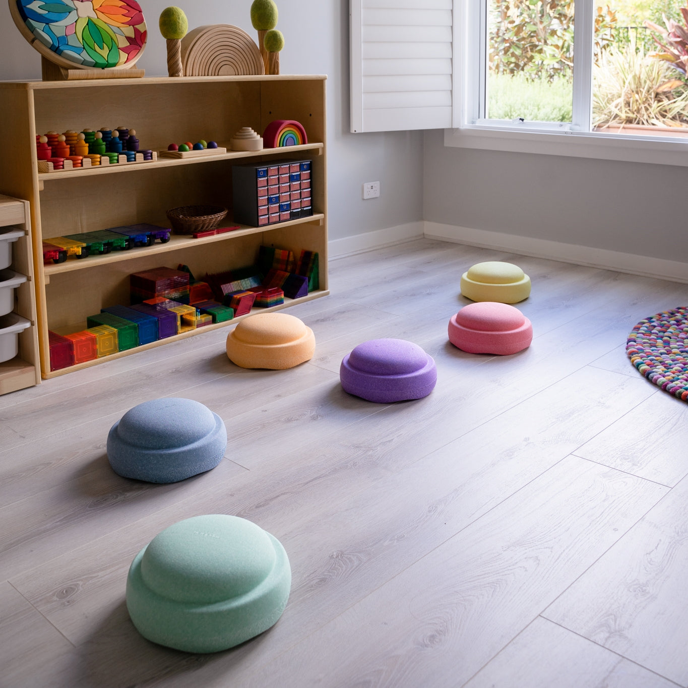 Playroom set up with pastel stacking stones from Stapelstein
