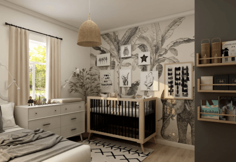 How to decorate a nursery with a safari theme and modern furniture. Picture shows a crib in a room with safari style decorations