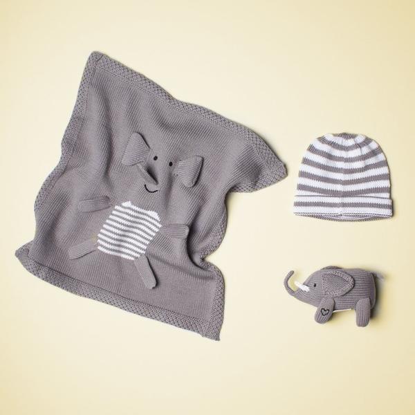 Luxuriöses Baby-Geschenkset mit Elefantenspielzeug, Decke und Mütze