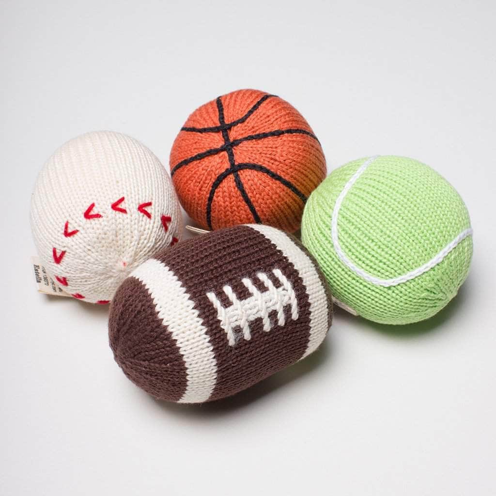 Image of Organic Baby Ball Toy Set | Rattles - Football, Baseball, Basketball & Tennis