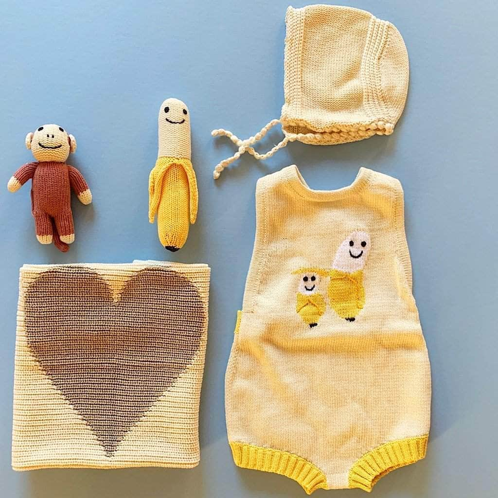 Organic Baby Gift Set | Banana Knit Romper, Lovey, Hat & Toys