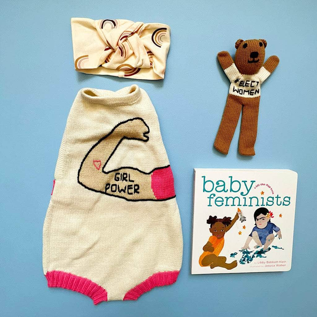 Image of Organic Baby Gift Set-Girl Power Knit Onesie, Elect Women Bear, Knotted Headband and Baby Feminist Book