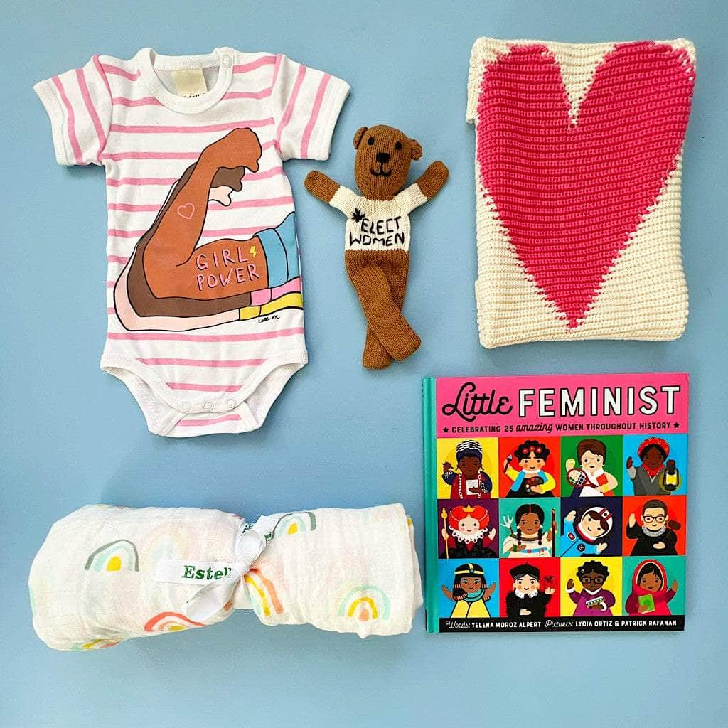 Image of Organic Baby Gift Set | 'Girl Power' Onesie, Toy Bear, 'Little feminist' Book & Blankets