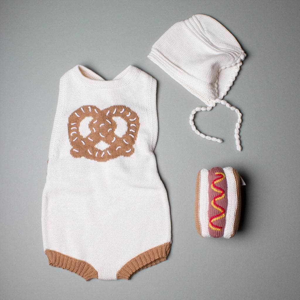 Image of Organic Baby Gift Set - Hand Knit Pretzel Romper, Bonnet Rattle Toy