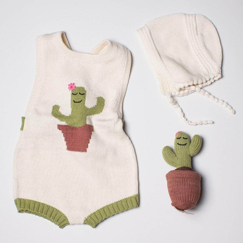 Image of Organic Baby Gift Set - Handmade Newborn Romper, Bonnet & Rattle Toy | Cactus