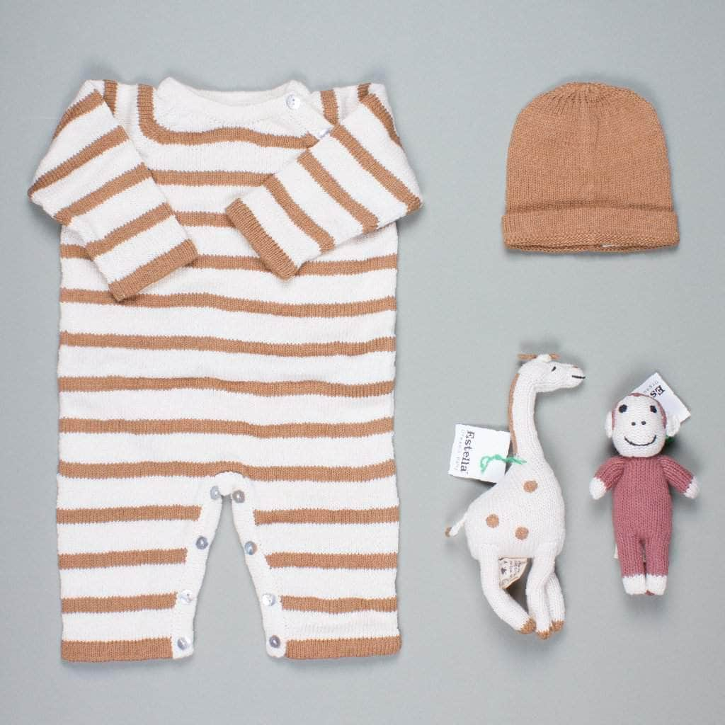 Image of Organic Baby Gift Set | Knit Romper, Hat, Giraffe & Monkey Toys