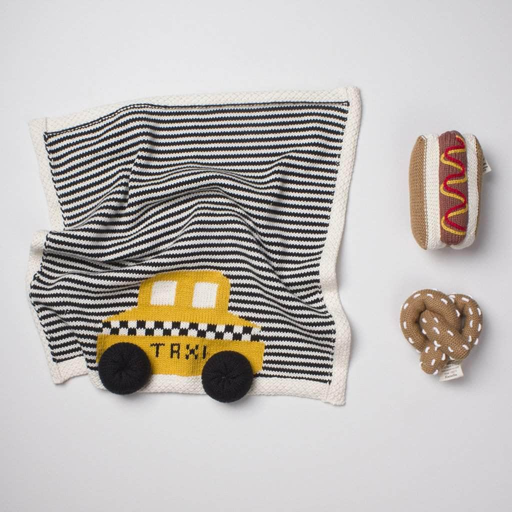 Image of Organic Baby Gift Set - Newborn Security Blanket, Rattle Toys | NYC Taxi, Hot Dog & Pretzel