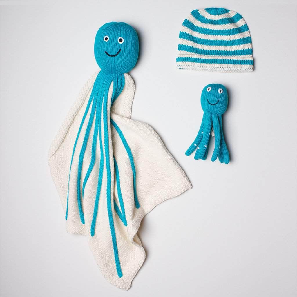 Image of Organic Baby Gift Sets - Newborn Lovey Blanket, Rattle Toy & Hat | Octopus