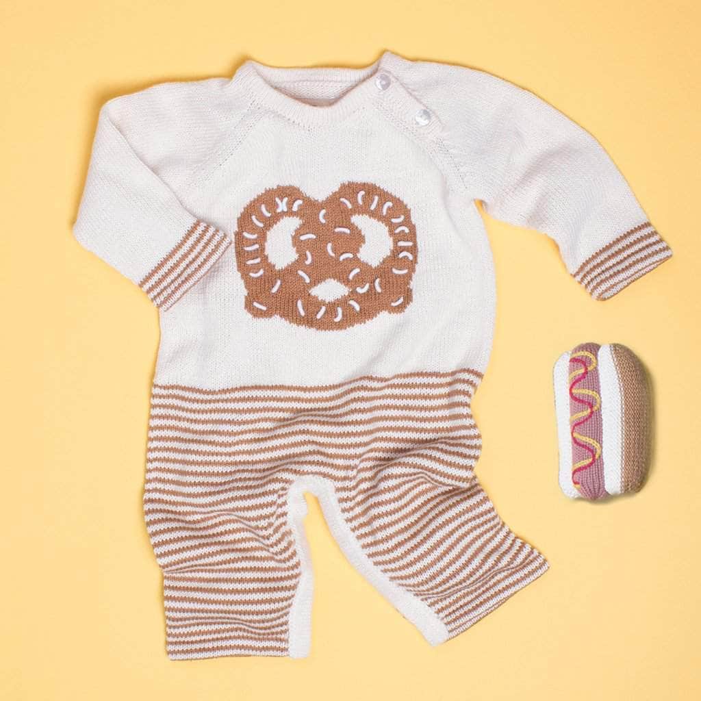Image of Organic Baby Gift Sets, Handmade Romper with Pretzel Graphic & Hot Dog Rattle Toy