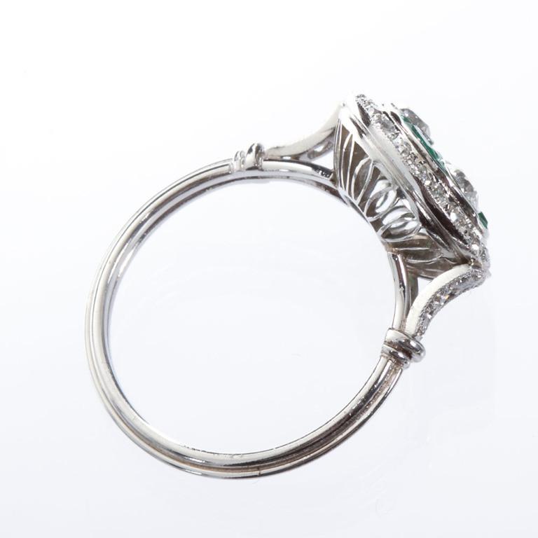 Art Deco Three Stone Diamond & Emerald Ring