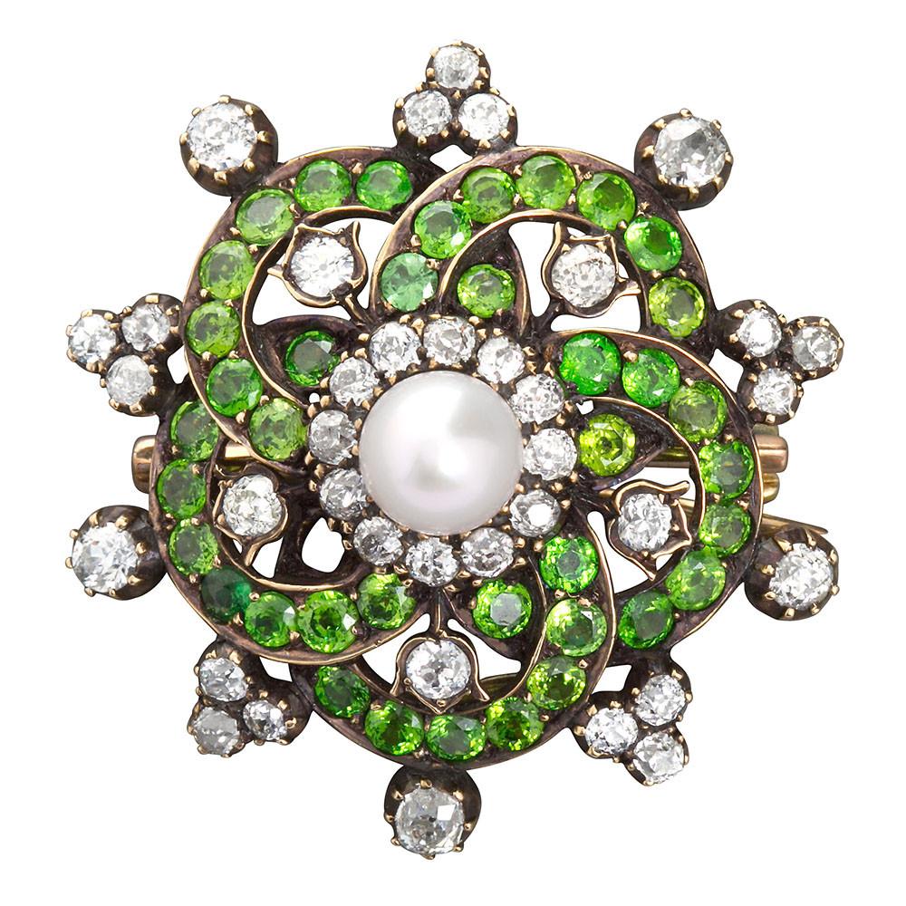 Diamond Demantoid Brooch Pendant with Center Pearl