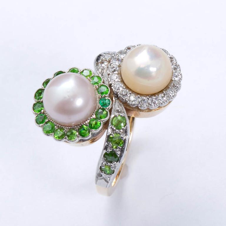 Circa 1930 Fine Twin Natural Pearl & Diamond Demantoid Ring