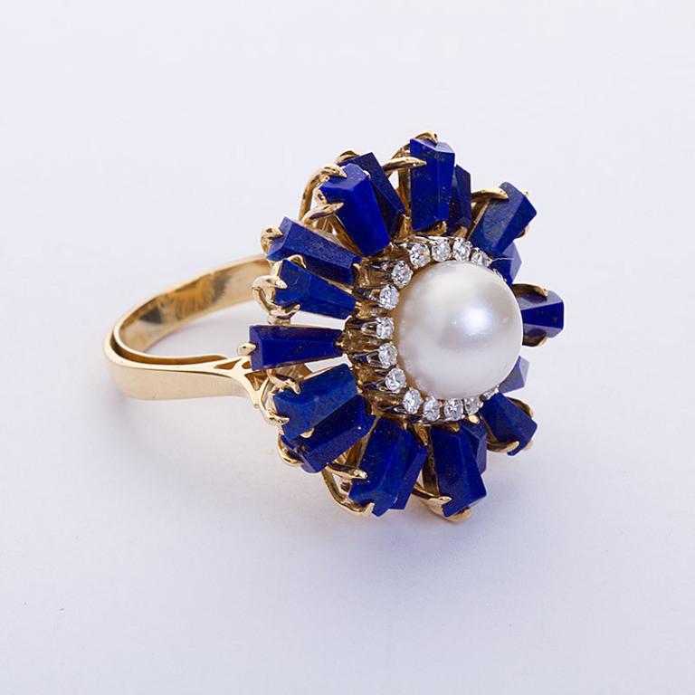 Lapis Lazuli Burst Pearl and Diamond Cocktail Ring