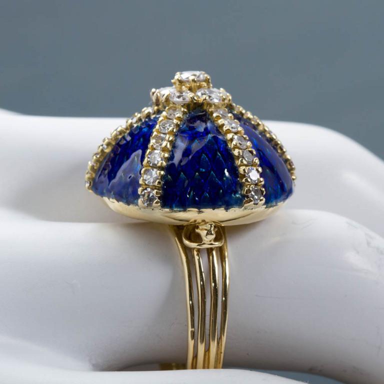 Vintage Diamond Blue Enamel Gold Dome Ring