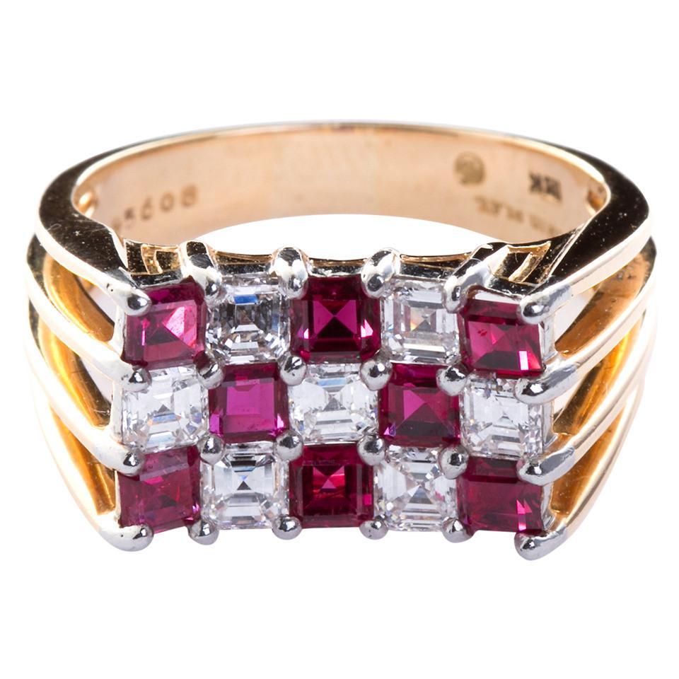 Oscar Heyman Ruby Diamond Gold Checkerboard Ring