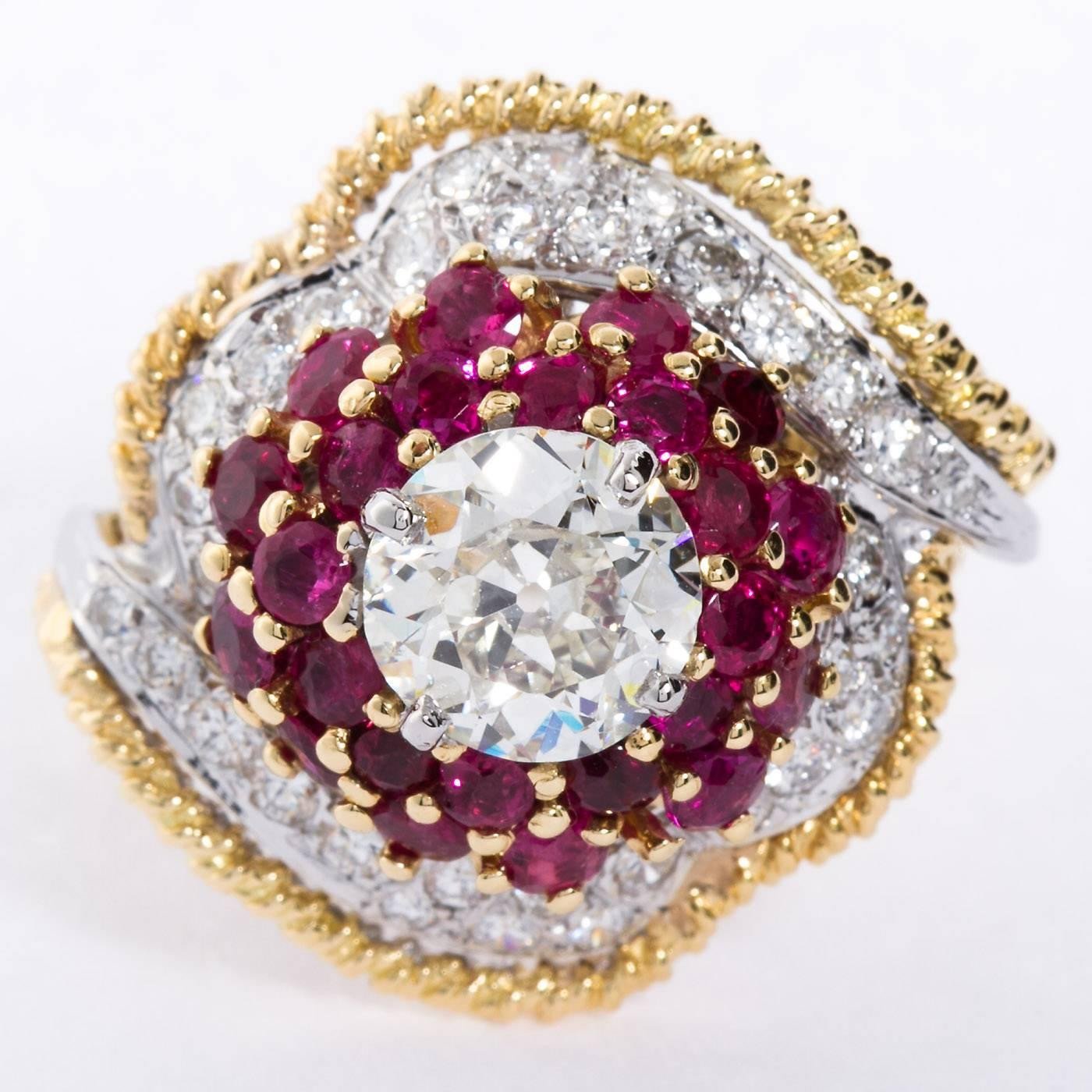 1.60 Carat 1960s Old European Cut Diamond Ruby Gold Cocktail Ring I color  VS1