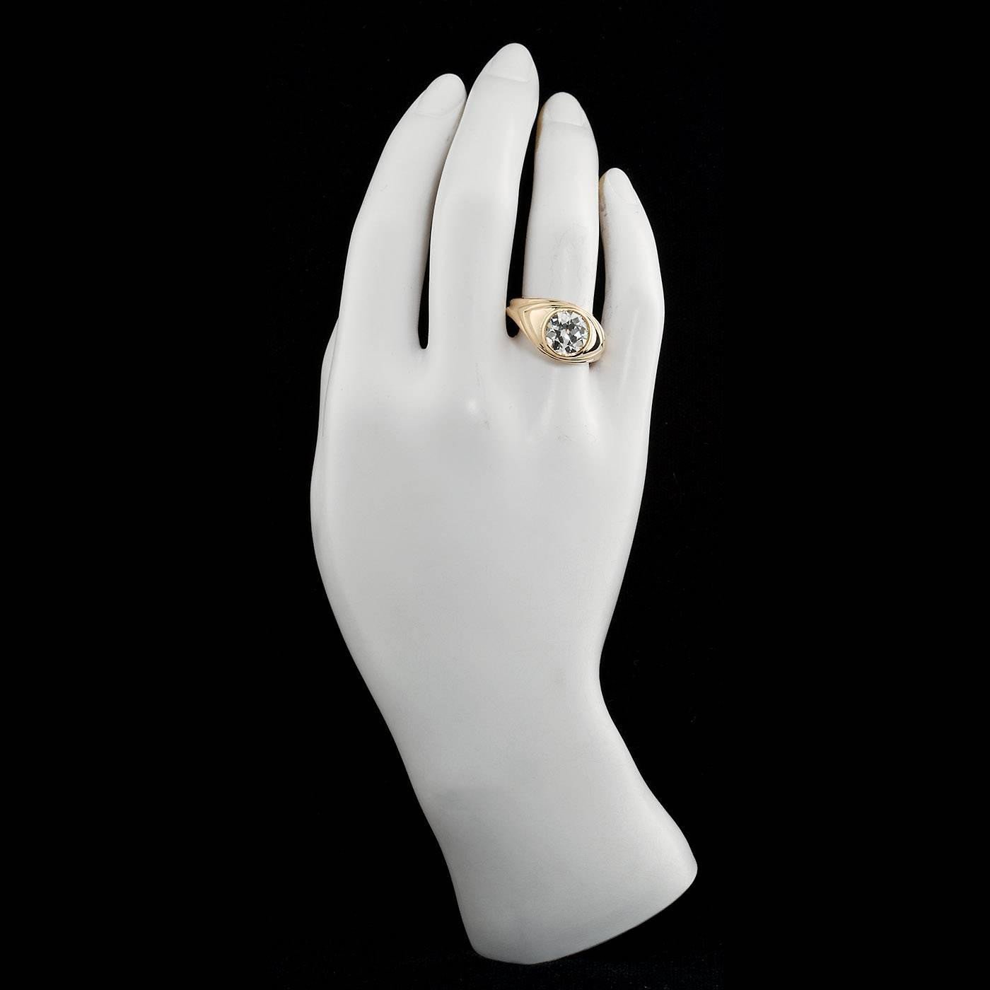 Old European Cut 2.86 Carat Diamond Gold Bezel Gypsy Ring