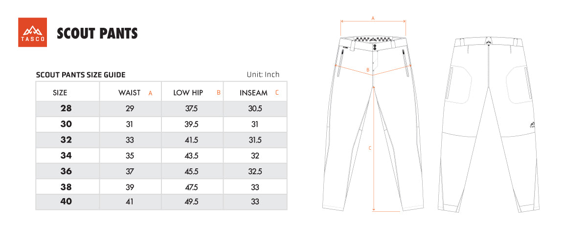 TASCO Scout Pants Size Chart