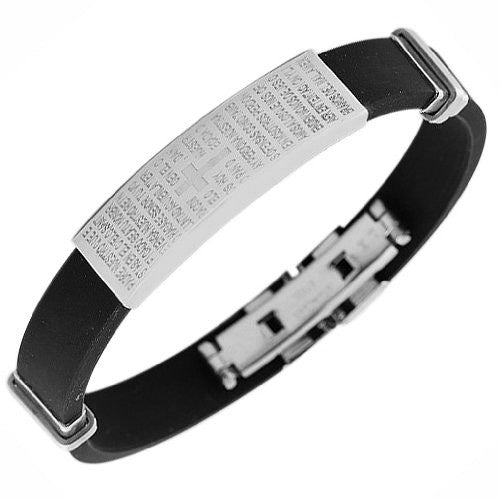 Stainless Steel Black Rubber Silicone Lord Our God Prayer in Spanish Men's Bracelet