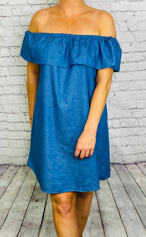 denim bardot dress