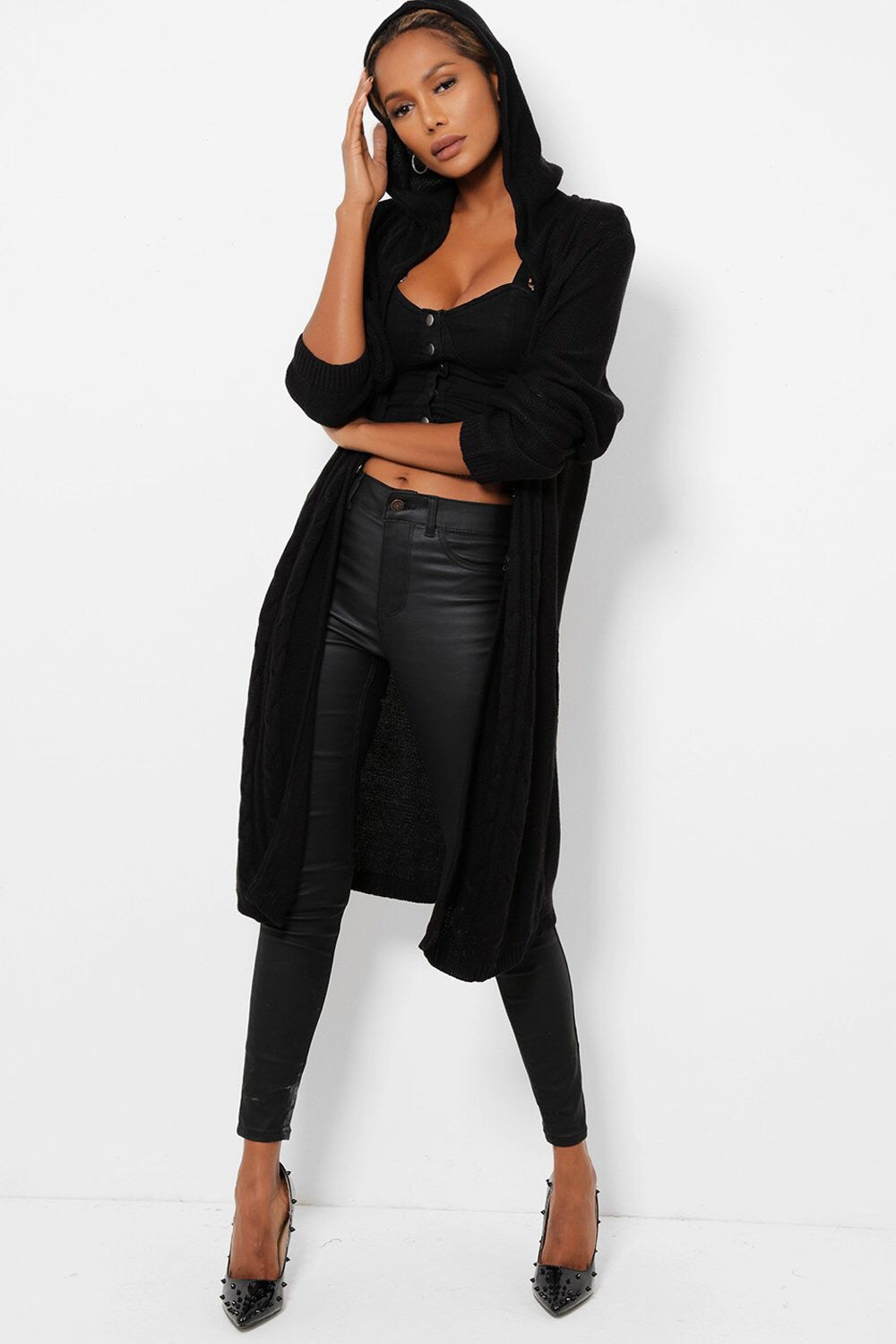 long black hooded cardigan