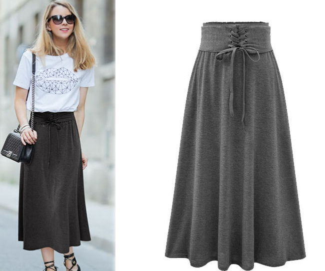 Lace Up Elastic Solid Pleated Long Skirt