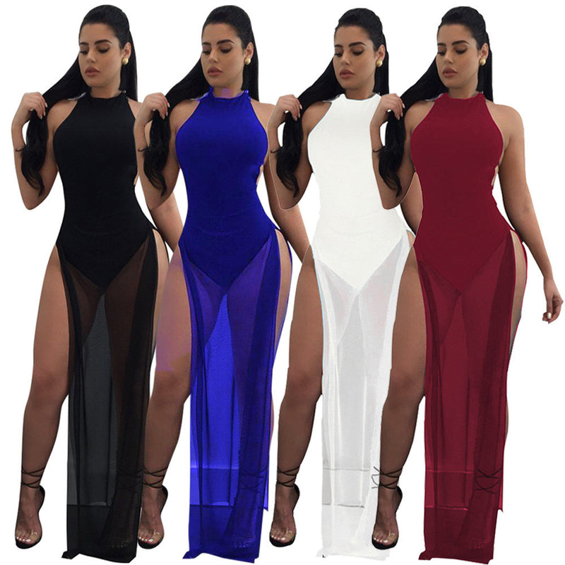 Bear Shoulder Pure Color Splint Long Mesh Dress – Meet Yours Fashion